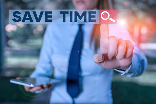 Word writing text Save Time. Business photo showcasing to do something more efficiently such that less time is required Handsome business girl pointing with finger into empty space