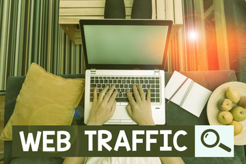 Text sign showing Web Traffic. Business photo showcasing the amount of data sent and received by visitors to a website woman laptop computer office supplies technological devices inside home