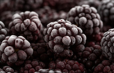 Frozen berries of blackberries close-up. Berries of blackberries background. Selective focus