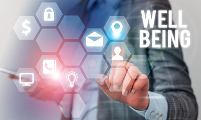 Writing note showing Well Being. Business concept for A good or satisfactory condition of existence...