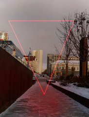 urban modern panorama with neon red triangle