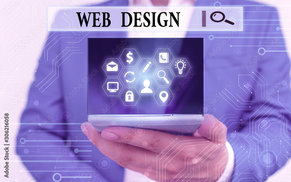 Poster text sign showing web design. business photo text website development designing and process of creat