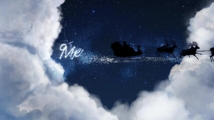Blue xmas night and clouds, Santa Claus sleight and reindeer silhouette flying showing merry christmas message with text space to place logo type or copy.Animated present greeting post card 4k video