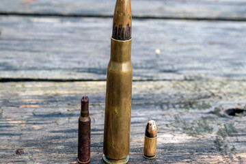 close up of various bullets on wooden background