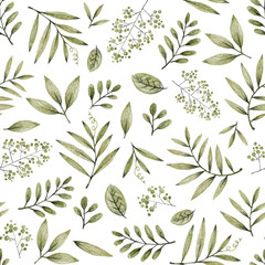 zielone i szare liście gałęzi i kwiatów, odręczny rysunek ołówkiem, wzór - 306217053