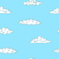 Sky seamless pattern with hand drawn clouds. Outline elements on blue background. Vector illustration.