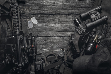 Military equipment or special agent gear concept flat lay background with copy space. - obrazy, fototapety, plakaty