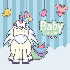 Obraz na płótnie Canvas baby shower cute unicorn pacifier sock duck stripes background