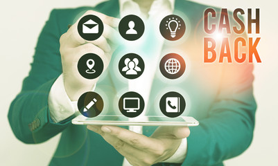 Writing note showing Cash Back. Business concept for denoting a form of incentive offered to buyers of certain products