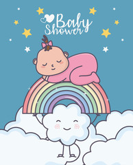 baby shower little girl sleeping in rainbow clouds cartoon