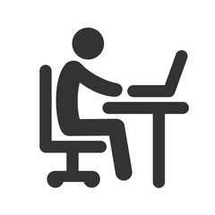 Computer work. Black icon of office worker in flat style is isolated on white background. Vector illustration