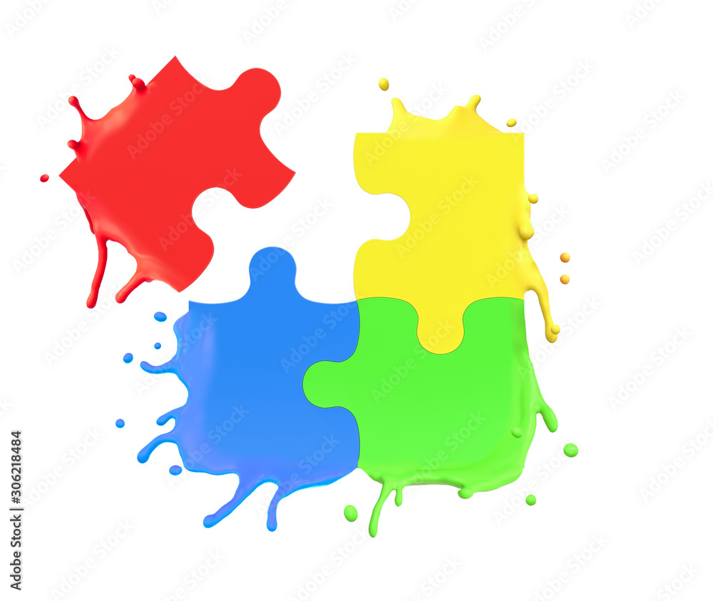 Poster 3d rendering of colorful puzzle pieces splashing isolated on white background