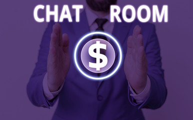 Writing note showing Chat Room. Business concept for area on the Internet or computer network where users communicate