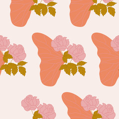 Pink roses and half a butterfly wing in a seamless pattern design