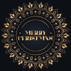 Merry christmas greeting illustration. Gold floral ornament on black background.