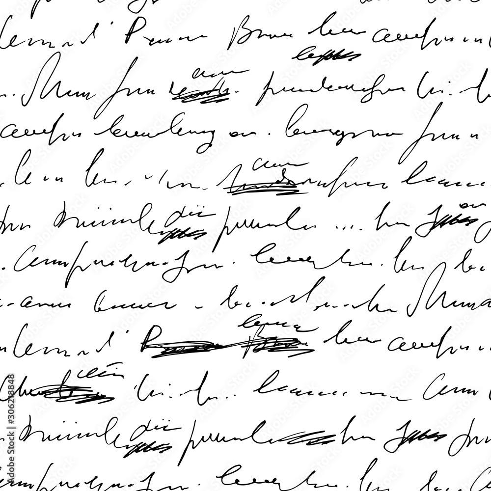 Poster Handwritten abstract text with mistakes and misprints seamless pattern, vector monochrome script background, scribbles and blots in another group