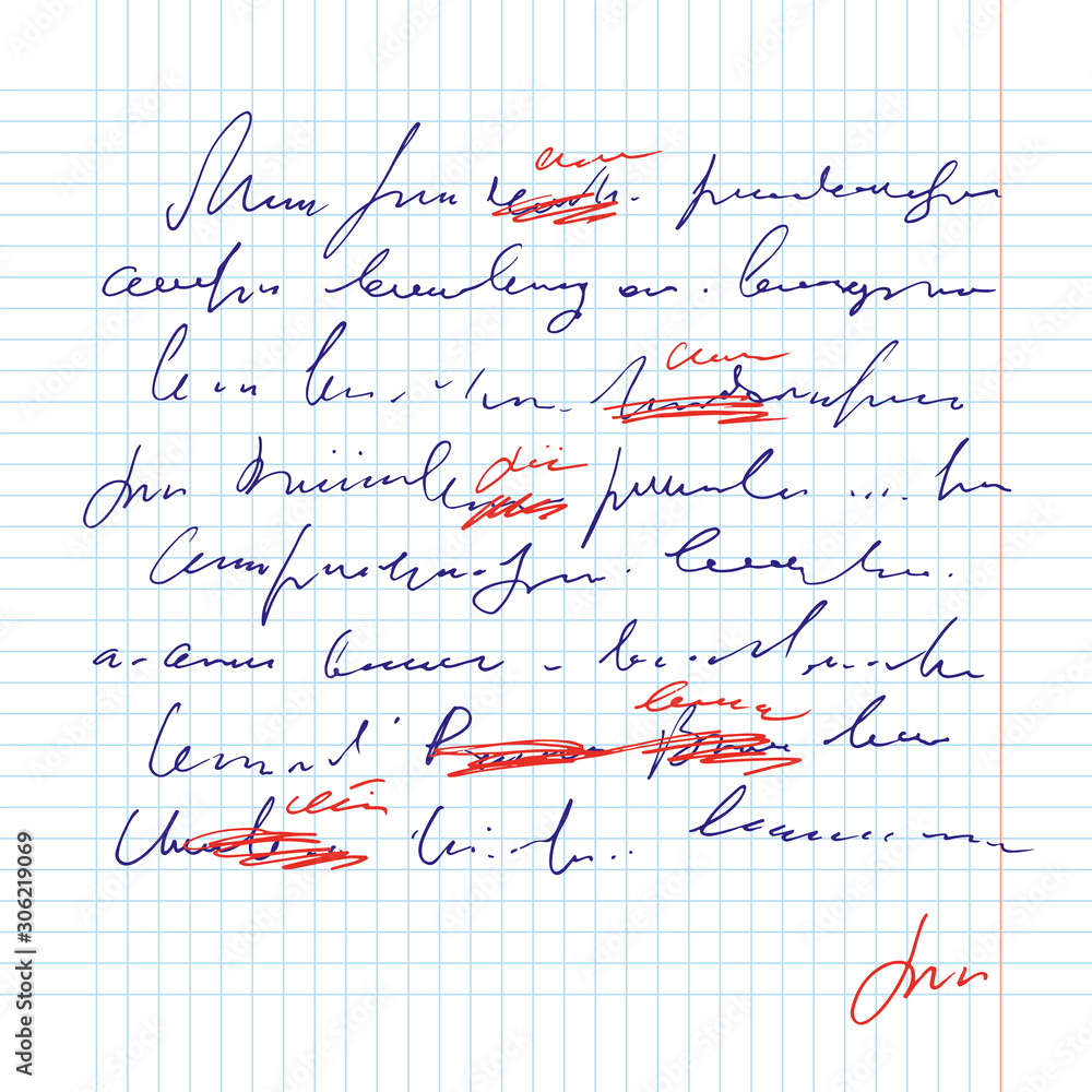 Poster abstract sheet of paper with handwritten text, note with with mistakes and misprints and signature, 