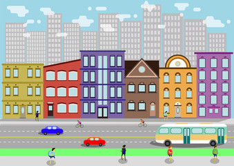 City streetscape with cars, buses and people