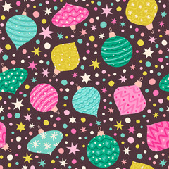 Seamless vector pattern with Christmas baubles and confetti on a dark background.