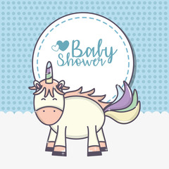 Obraz na płótnie Canvas baby shower cute unicorn sticker blue background