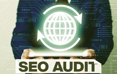 Text sign showing Seo Audit. Business photo showcasing Search Engine Optimization validating and...