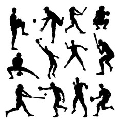 Baseball player detailed silhouettes sports set in lots of different poses