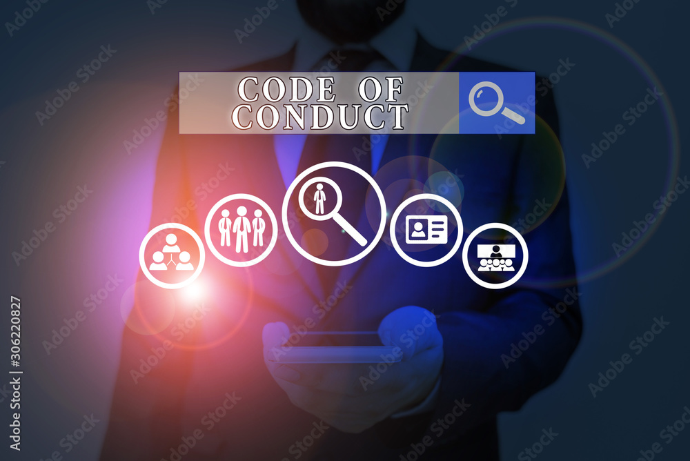 Poster handwriting text writing code of conduct. conceptual photo ethics rules moral codes ethical principl