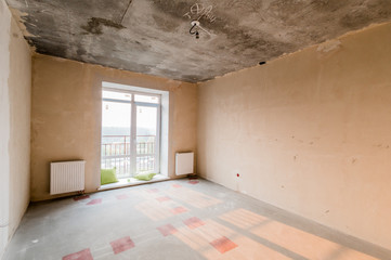 Russia, Moscow- July 21, 2019: interior room apartment. rough repair for self-finishing. interior decoration, bare walls of the room, stage of construction