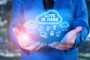 Word writing text Love Is Here. Business photo showcasing Roanalysistic feeling Lovely emotion Positive Expression Care Joy