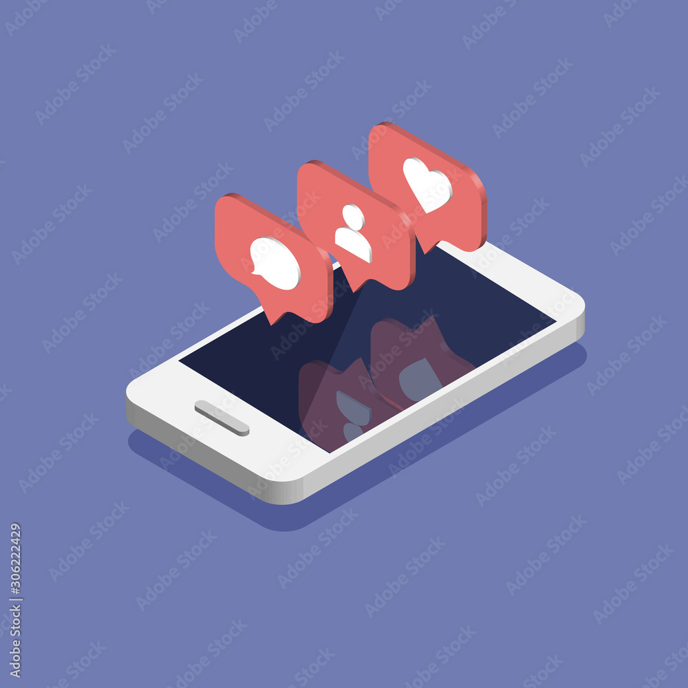 Poster smartphone with social media notifications icon in trendy isometric style. push notification with li