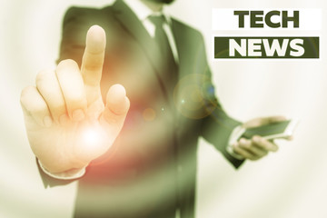 Word writing text Tech News. Business photo showcasing newly received or noteworthy information about technology Male human wear formal work suit hold smart hi tech smartphone use one hand