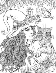 Coloring page of the forest witch with a cat