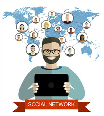 Man using smartphone connected with the whole world. Concept of global business. Vector flat design illustration.