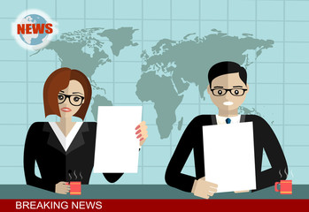 Breaking news - News announcers in the studio - Vector flat design illustration.