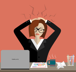 Stress at work concept flat illustration. Stressed out women in suit with glasses, in office at the desk. Modern design for web banners, web sites, printed materials, infographics. Flat vector.