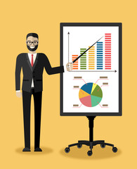 Businessman in suit and tie making presentation explaining charts on a white board. Business seminar. Flat style vector illustration isolated on white background.