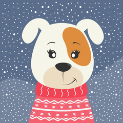 Cute cartoon little dog puppy on winter background.