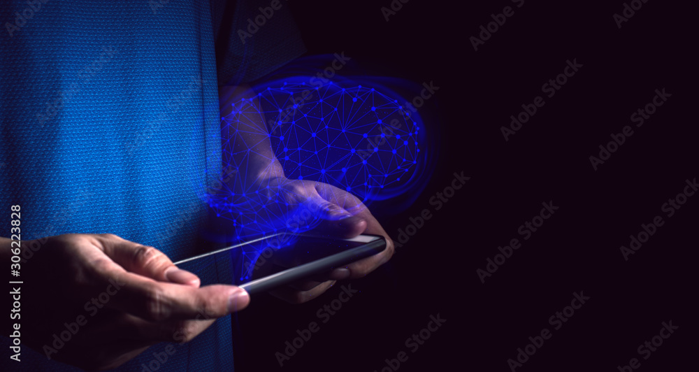 Poster businessman hand touch on screen smartphone device for connecting to app artificial intelligence net