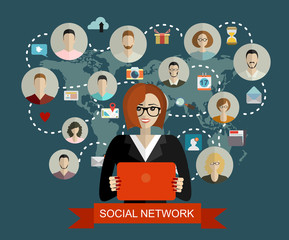 woman using smartphone connected with the whole world. Concept of global business. Vector flat design illustration. Horizontal layout.