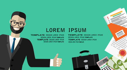 Smiling businessman with thumb up. Business banner template concept. Modern flat design concept for web banners, web sites, printed materials, infographics.