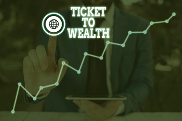 Conceptual hand writing showing Ticket To Wealth. Concept meaning Wheel of fortune Passage to...