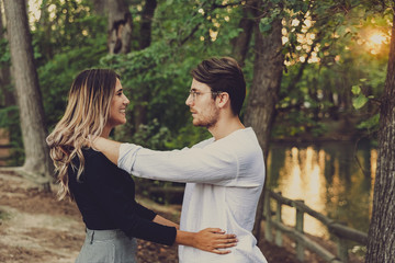 Naklejka premium Newly in love couple walk planning their life in common.