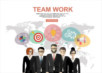 Successful teamwork. Businesspeople, man and woman, standing together in teamwork. Flat illustration concepts for web banners, web sites, printed materials, infographics.