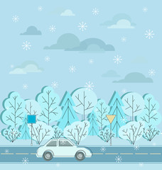 Fototapeta na wymiar Motorway. Winter road, car, road signs and snow. Atoban. Car moving on highway road. Road Trip. Vacation in winter holiday trip. Flat design vector illustration.