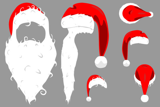 Santa Claus Red Hat With Collar And Pompon Side, Back, Front And Top View Isolated Vector Illustration