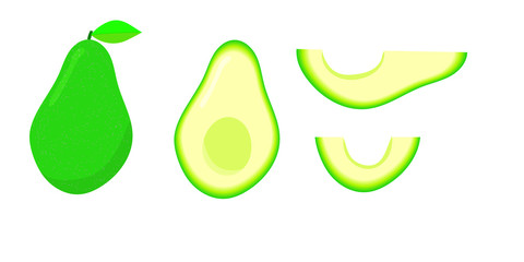 Set of whole avocado, its halves and sliced avocado without pits, isolated on a white background. Vector illustration, flat.