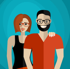 Happy couple making selfie, romantic mood. Stylish sunglasses. Happy laughing emotional faces. Modern flat design