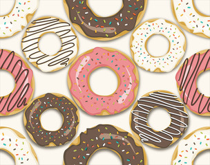 Donuts with white and chocolate glazing. Seamless pattern. Modern flat design.