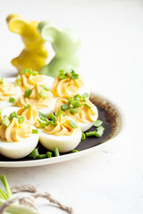 Deviled eggs on Easter dinner table