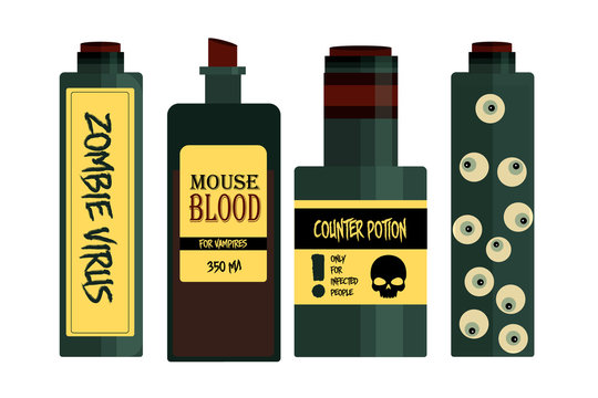 Set of magic cartoon bottles and potions. Vector illustration. Magic elixir hand drawn collection.